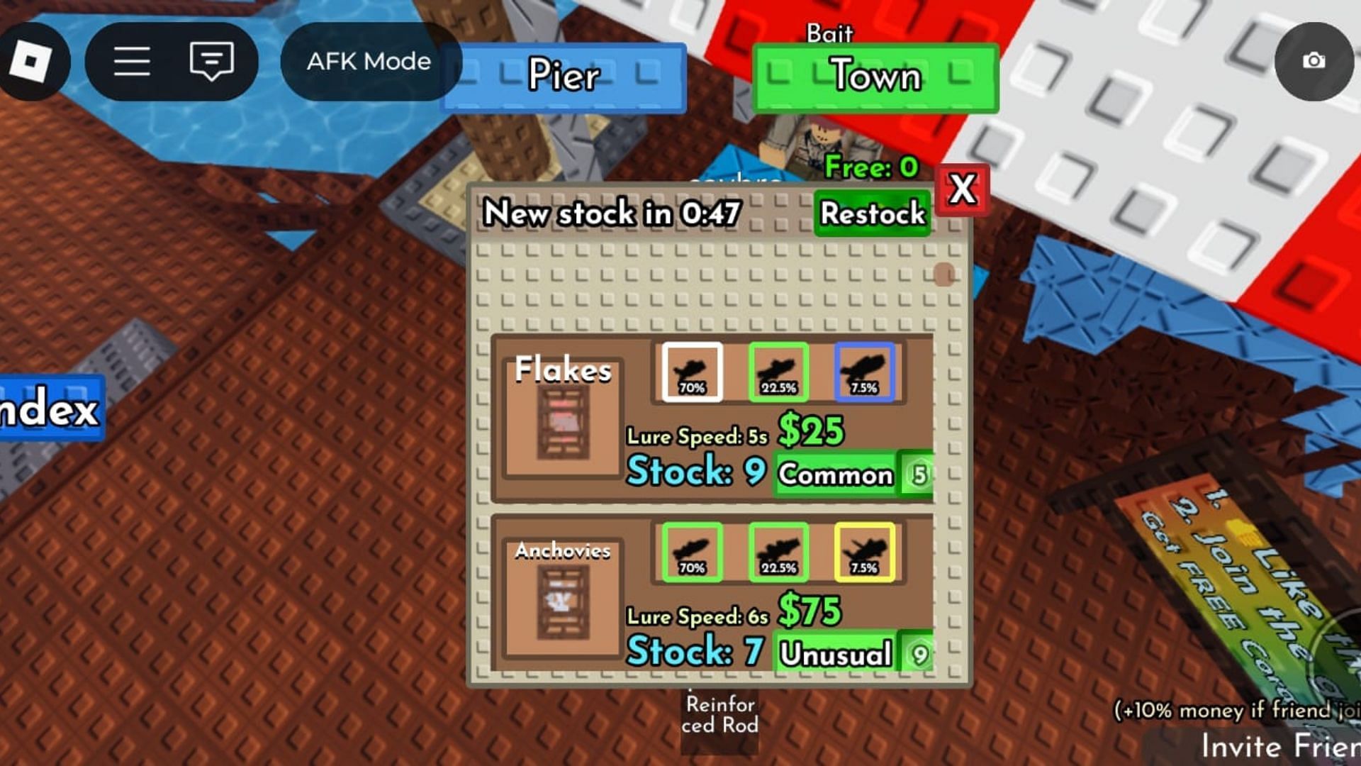 The Anchovies bait requires 75 cash (Image via Roblox)
